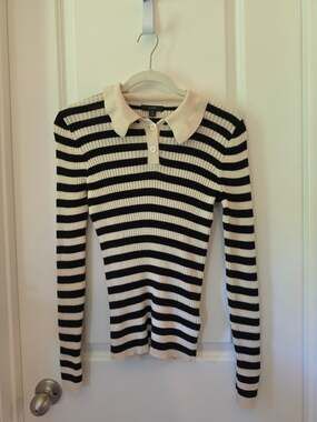 J.Crew 100% Merino Wool Striped Polo Sweater Black Ivory Women's Small
